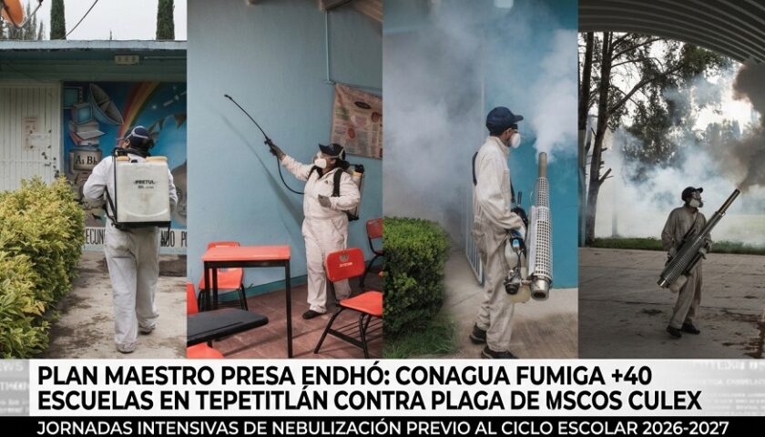 Más de 40 escuelas en Tepetitlán son fumigadas para combatir la proliferación de mosquitos antes del inicio del ciclo escolar.